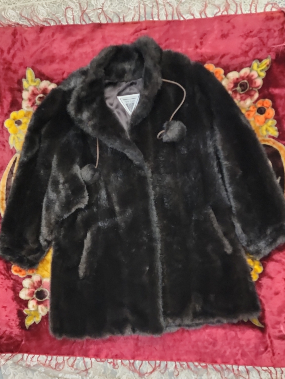 Marvin Richards Faux Mink Fur Teddy Jacket with Pom Drawstrings